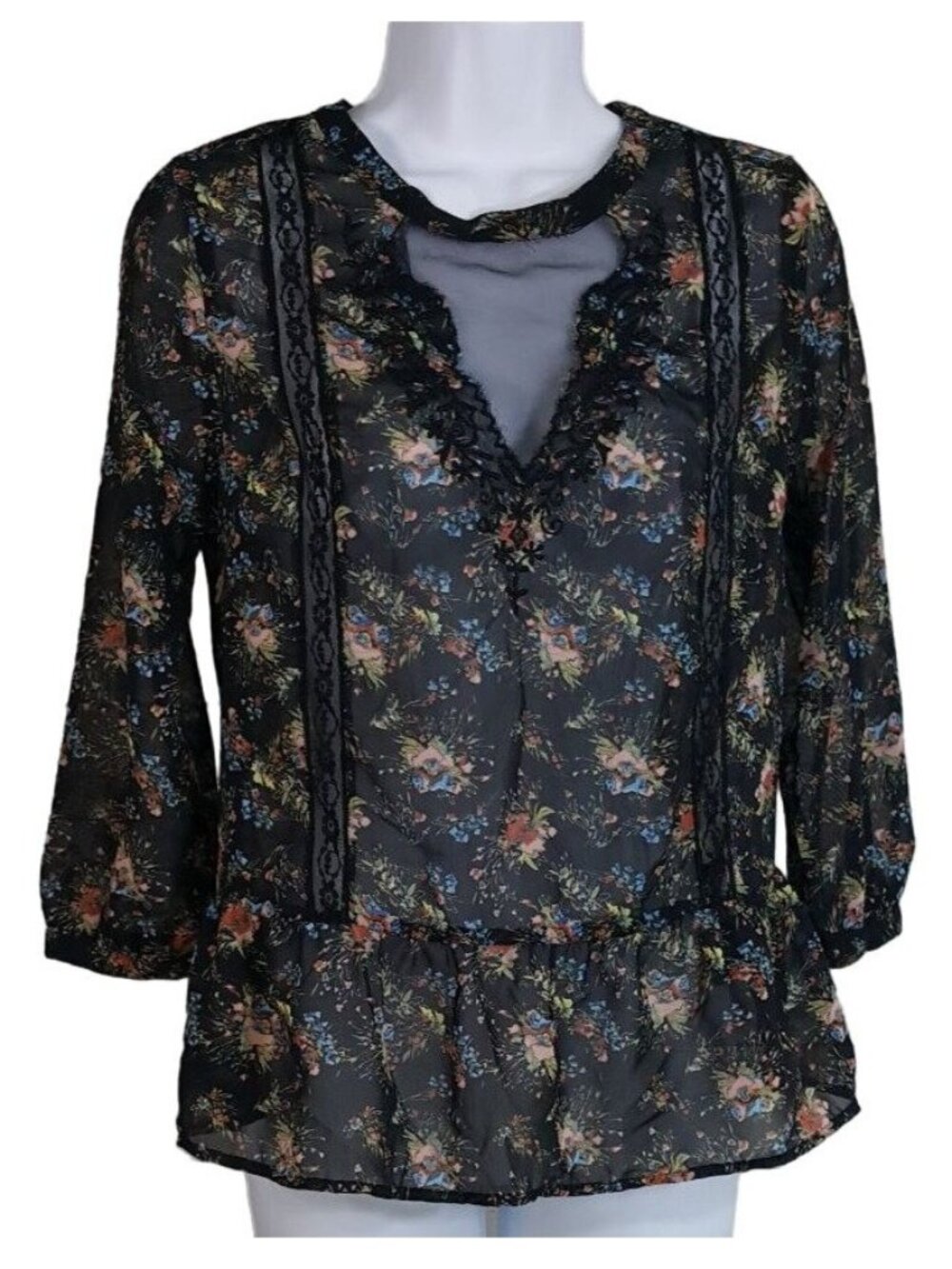 Pins & Needles Sheer Floral Print Top Black Small Peplum Blouse Lace Details